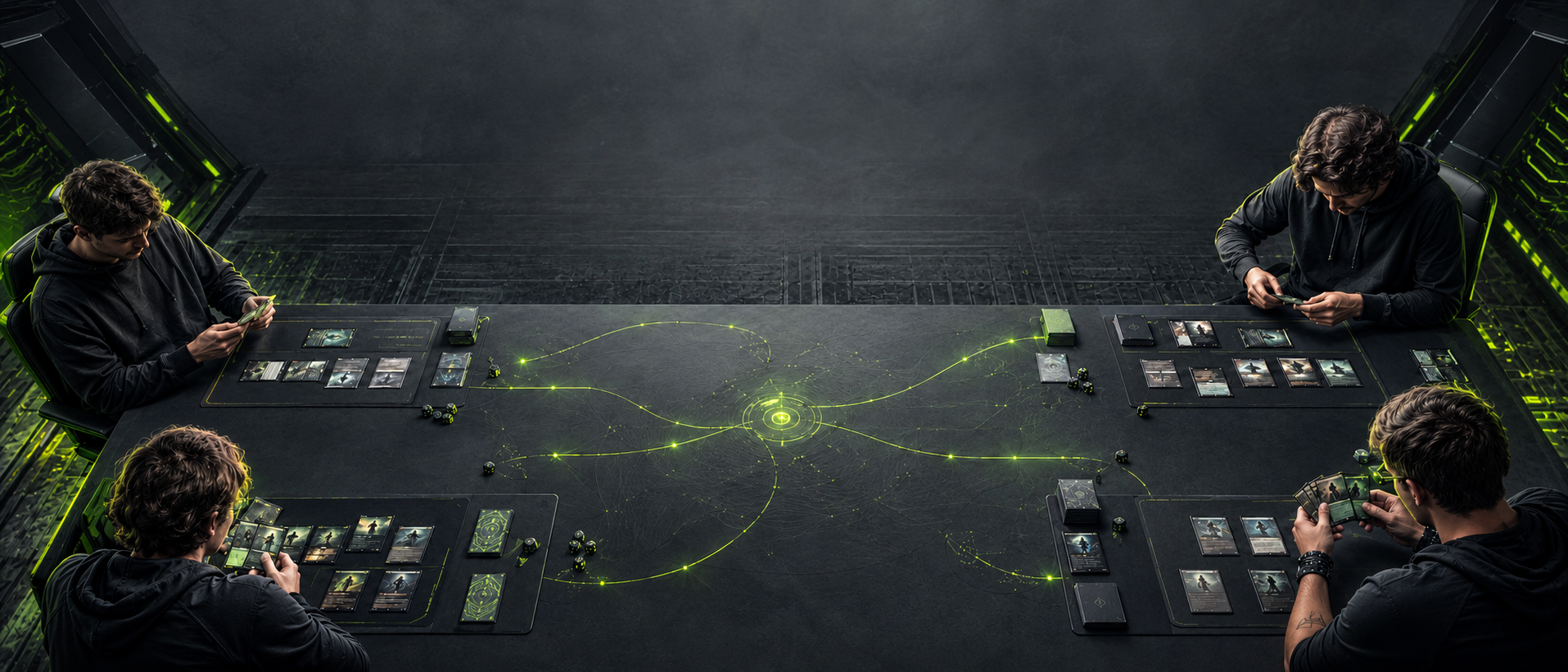 Overhead view of a four-player cEDH pod at a dark broadcast table with glowing lime energy lines connecting the play mats